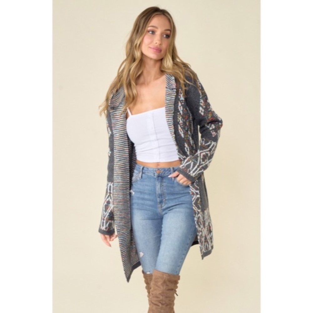 SOLD OUT Gray Aztec Tribal Rainbow Western Hooded Knit Open Cardigan Long Sleeve - Picture 7 of 9